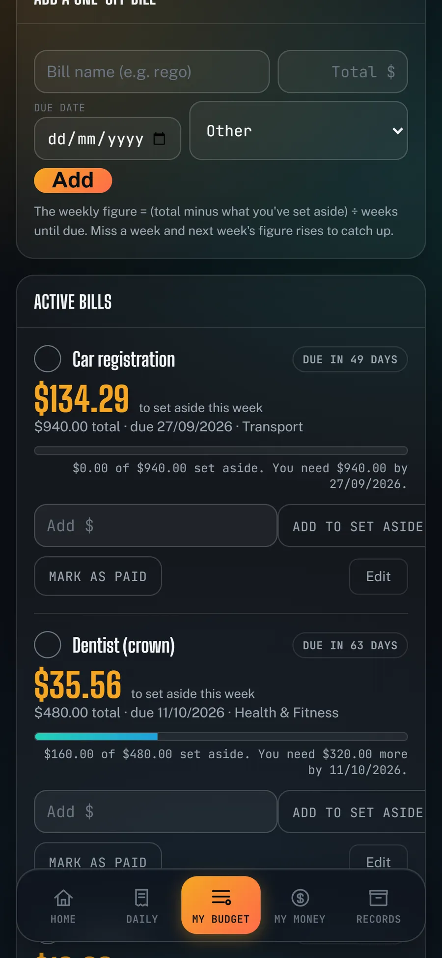 The One-Off Bills screen: Car registration, $134.29 to set aside this week, $0 of $940 saved yet, due 27/09/2026.