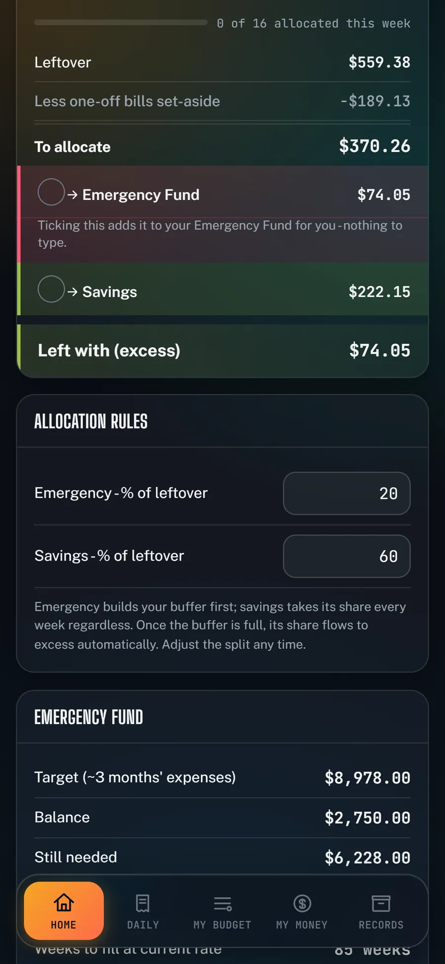 Kayla's This Week's Plan in the app: $370.26 to allocate, split into Emergency Fund and Savings.