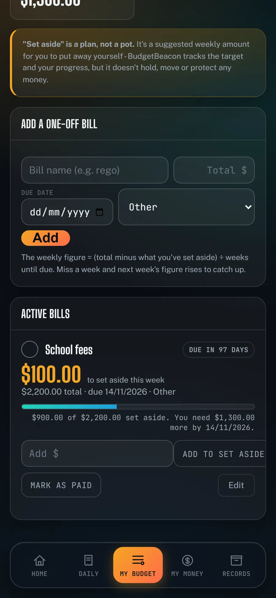 Dan's One-Off Bills in the app: School fees of $2,200, $100 to set aside this week, $900 already saved.